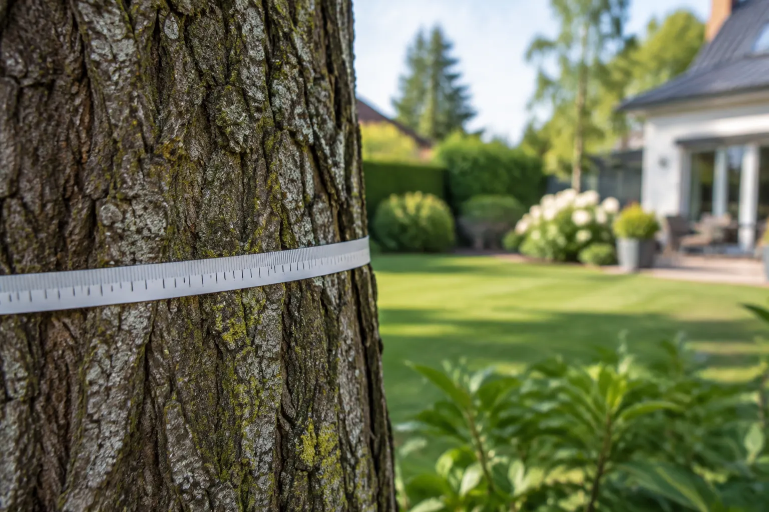 Maßband um einen Baumstamm bei der Bestandsaufnahme im Garten