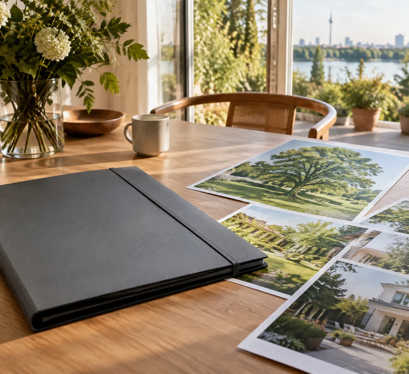 Geschlossene Unterlagenmappe und Gartenfotos auf einem Tisch am Fenster
