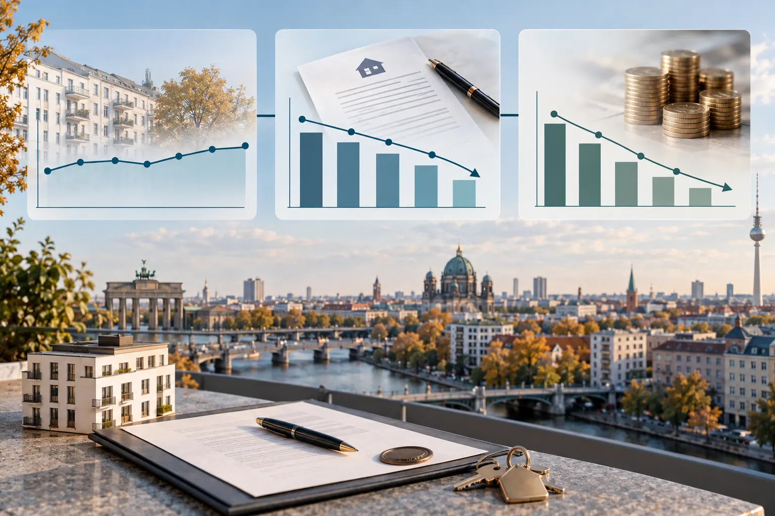 Diagramme zu Preisen, Kauffällen und Geldumsatz über einem Berliner Panorama mit Brandenburger Tor