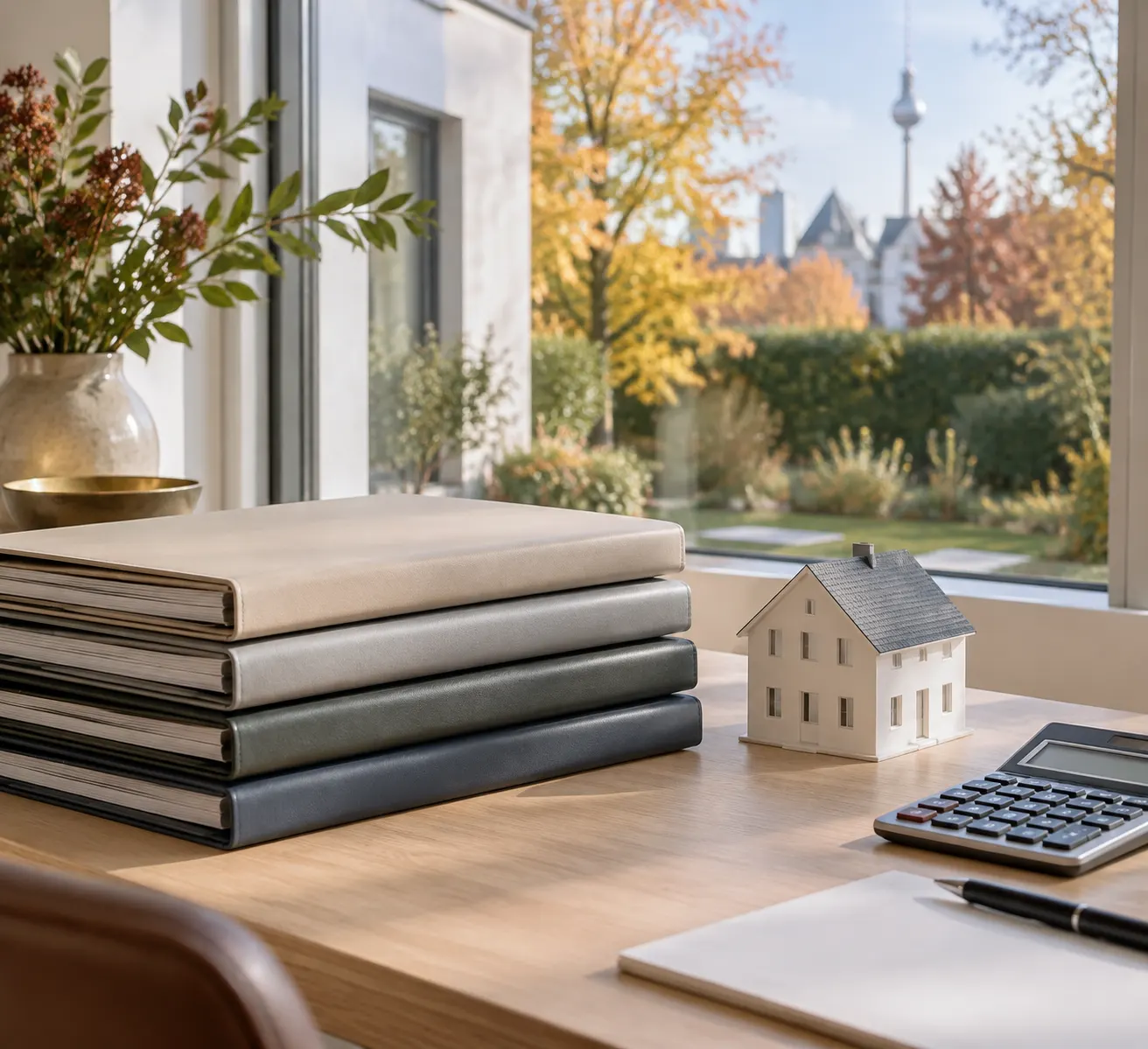 Sortierte Immobilienunterlagen neben einem Modellhaus auf einem Schreibtisch