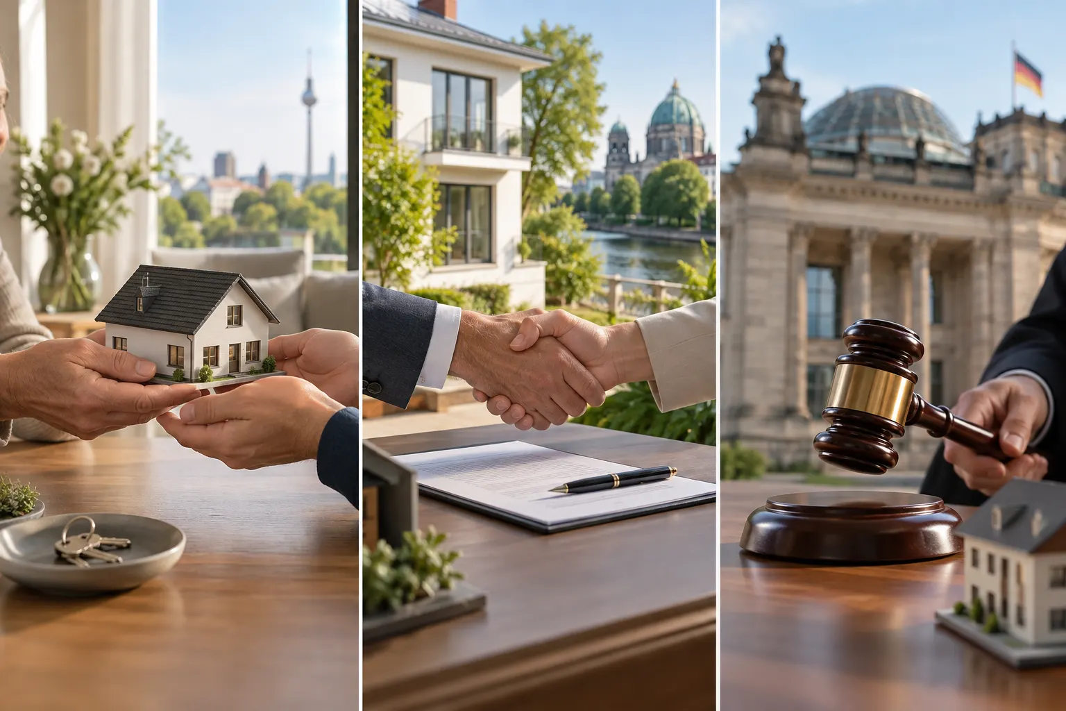 Dreiteiliges Bild: Übergabe eines Hausmodells, Handschlag bei Vertragsunterzeichnung und Richterhammer