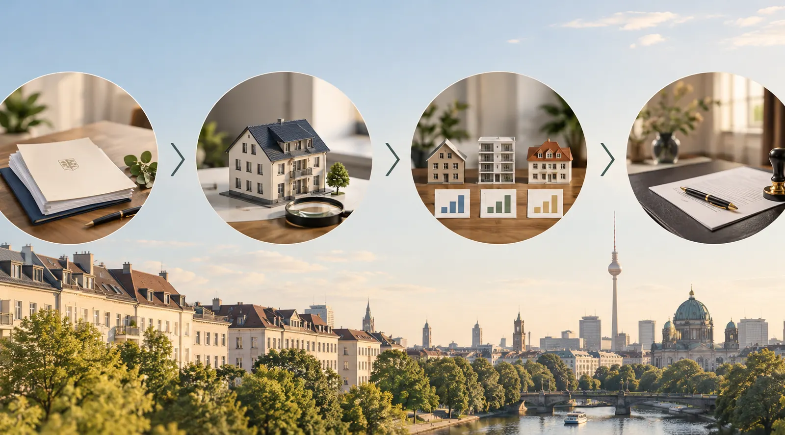 Vier Schritte von Unterlagen über Bewertung und Vergleich bis zur Unterschrift über einem Berliner Panorama