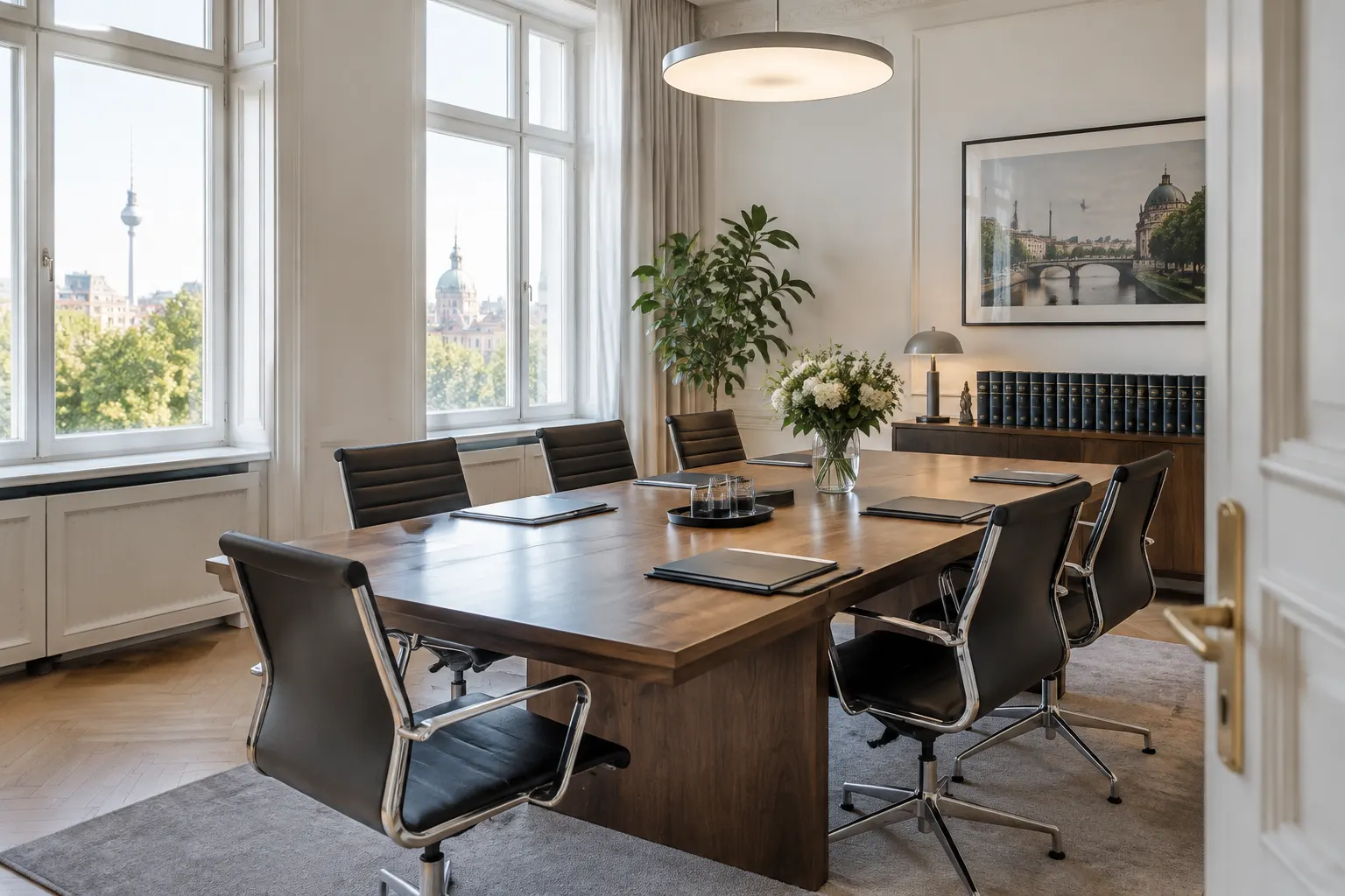 Unbeschriftete Aktenmappen auf einem Besprechungstisch im Notariat