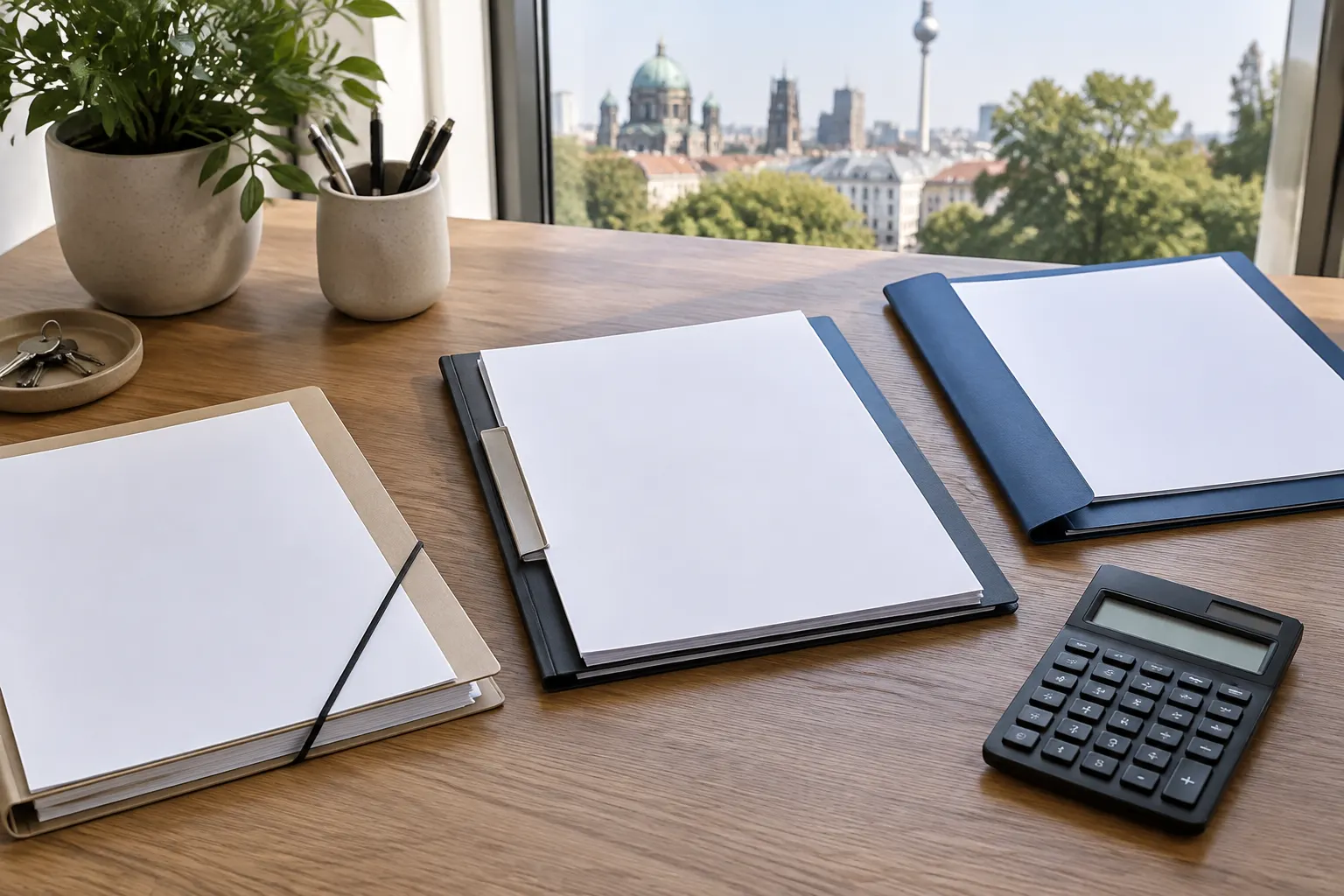 Drei unterschiedlich geordnete Dokumentenmappen neben einem Taschenrechner