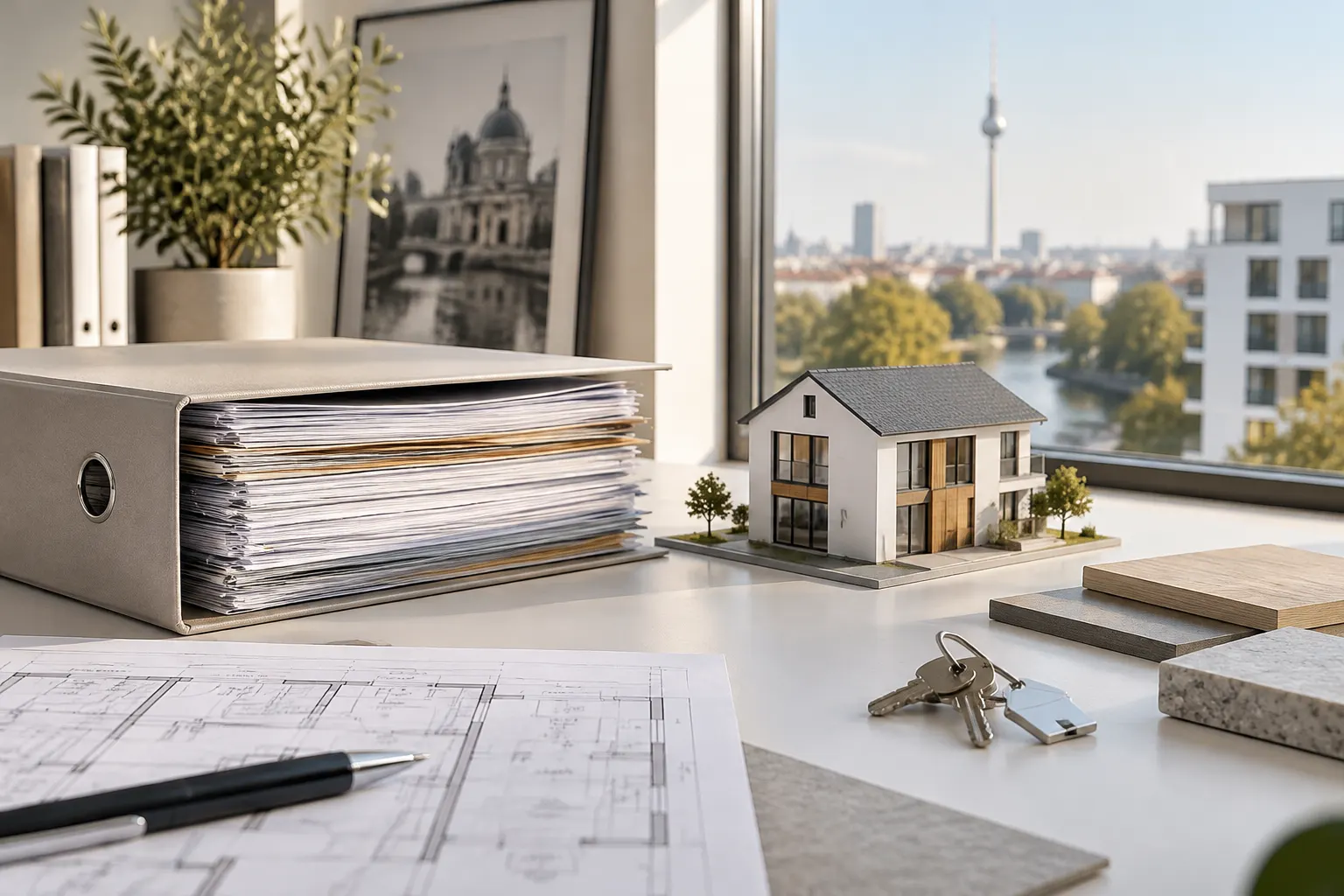 Geordnete Gebäudeakte neben Hausmodell und Schlüssel für einen späteren Immobilienverkauf
