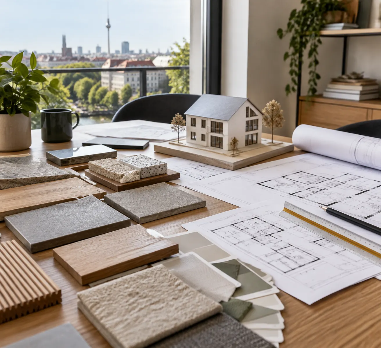 Planungstisch mit Hausmodell und Materialvarianten für einen Gebäudetyp-E-Vergleich