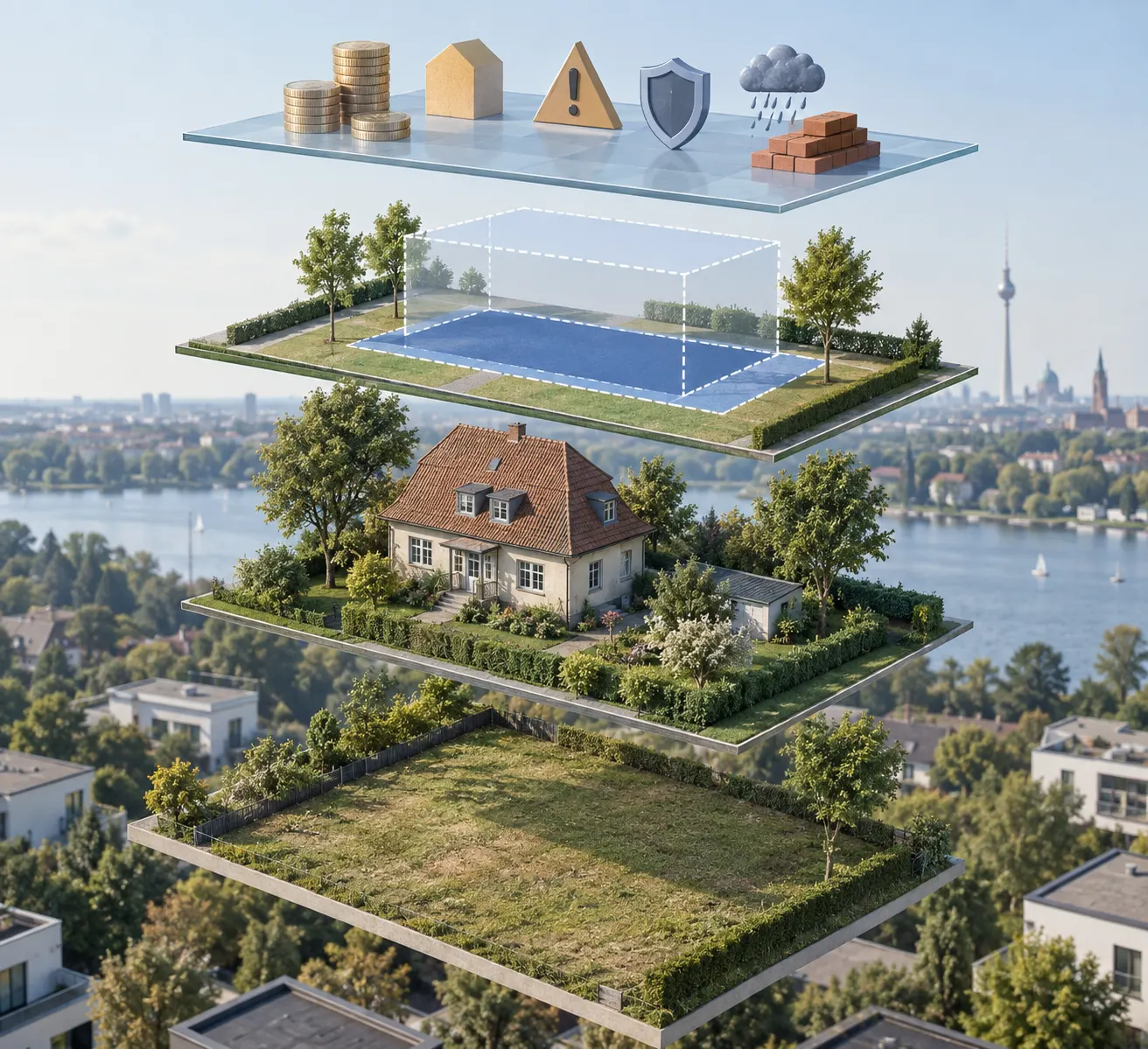 Schichtgrafik eines Grundstücks mit Bodenfläche, Haus, Baufenster und Risikosymbolen zur Wertermittlung