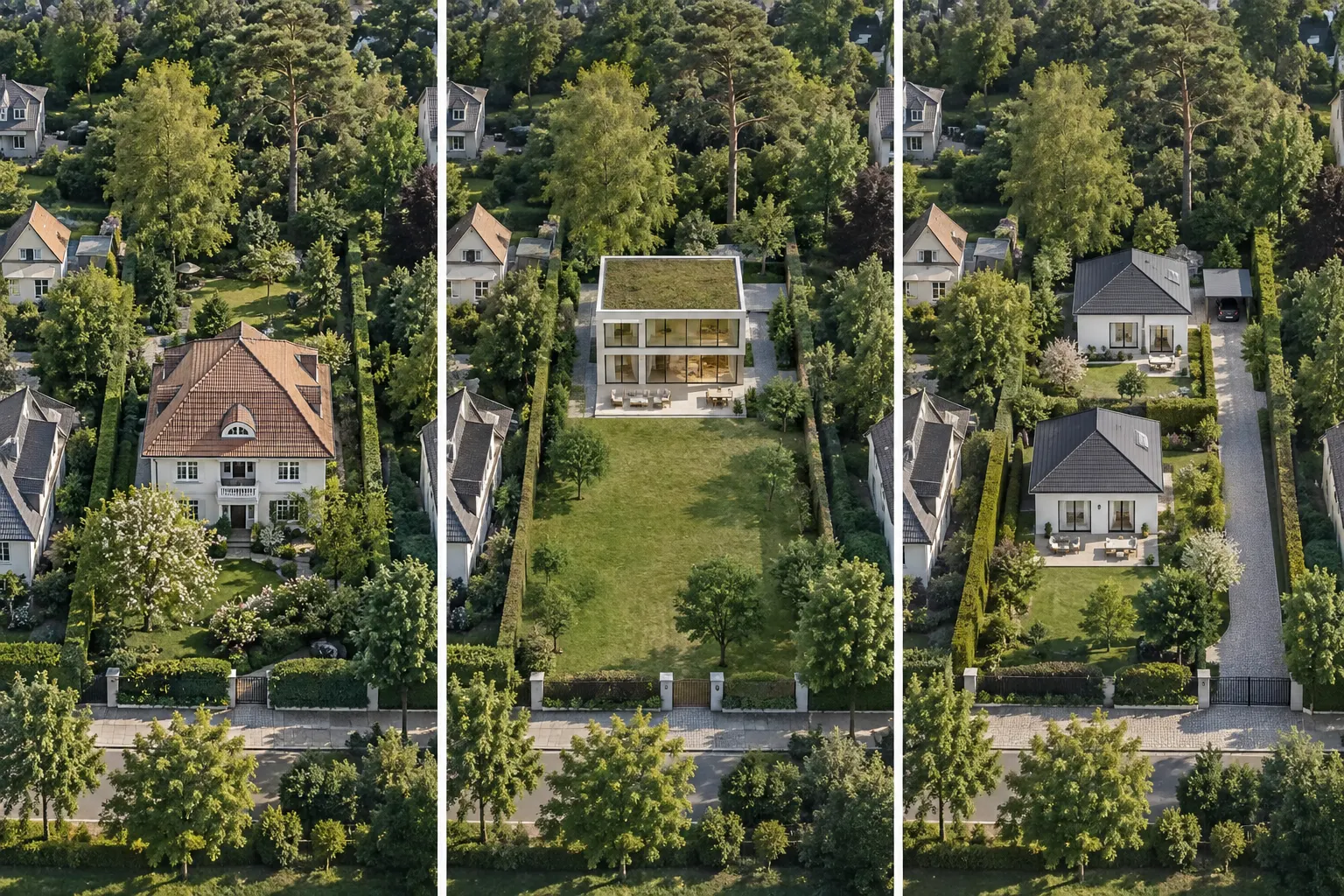 Drei Luftbilder desselben Grundstücks: Bestandshaus, Neubau und Teilung mit zwei Häusern