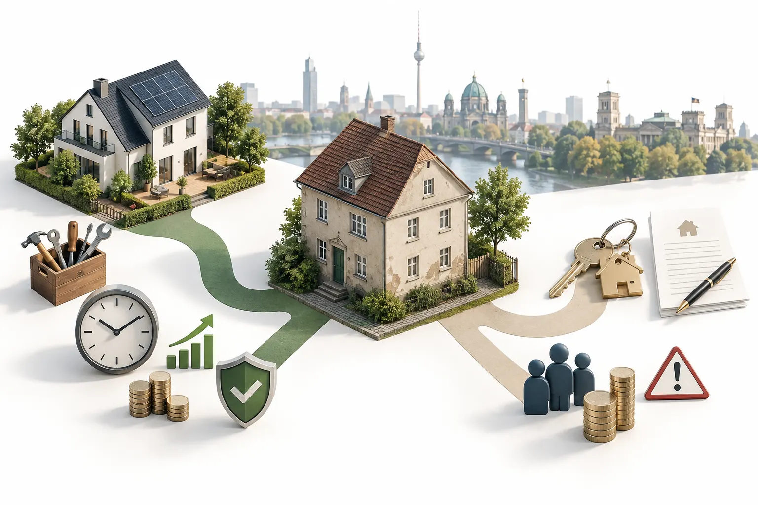 Illustration zweier Wege von einem unsanierten Haus: Sanierung mit Zeit- und Kostenaufwand oder direkter Verkauf