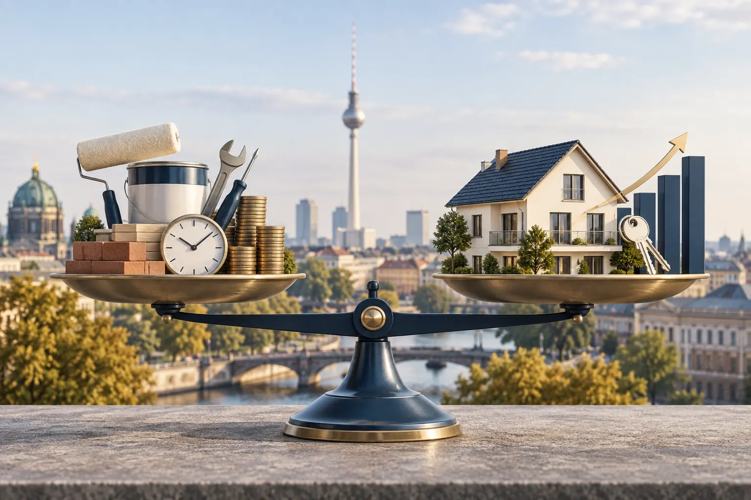 Waage mit Werkzeug, Farbe und Münzen auf der einen und saniertem Haus mit Wertanstieg auf der anderen Seite
