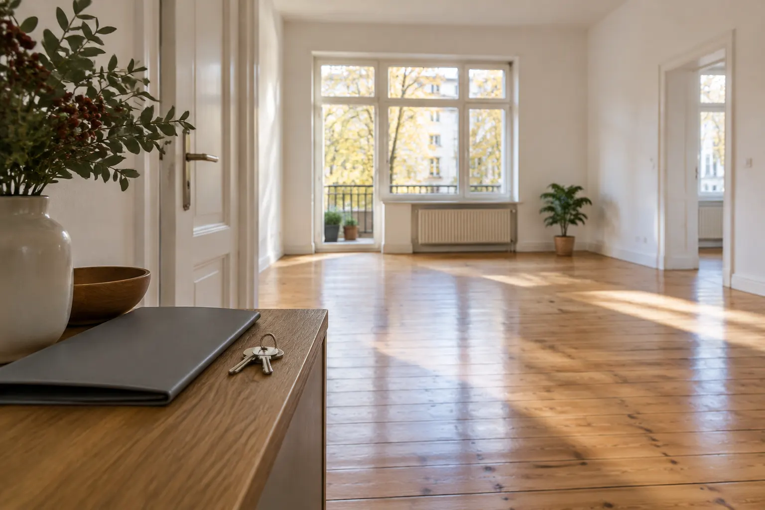 Geräumter Wohnraum mit geordneter Schlüsselablage für die Hausübergabe