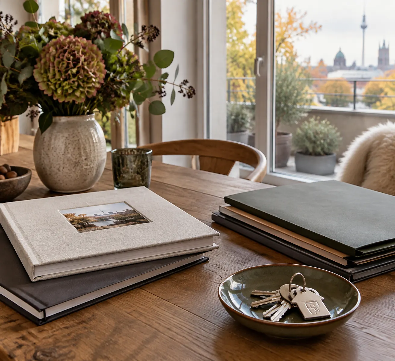 Gesicherte Bauunterlagen, Fotoalben und Schlüssel auf einem Tisch