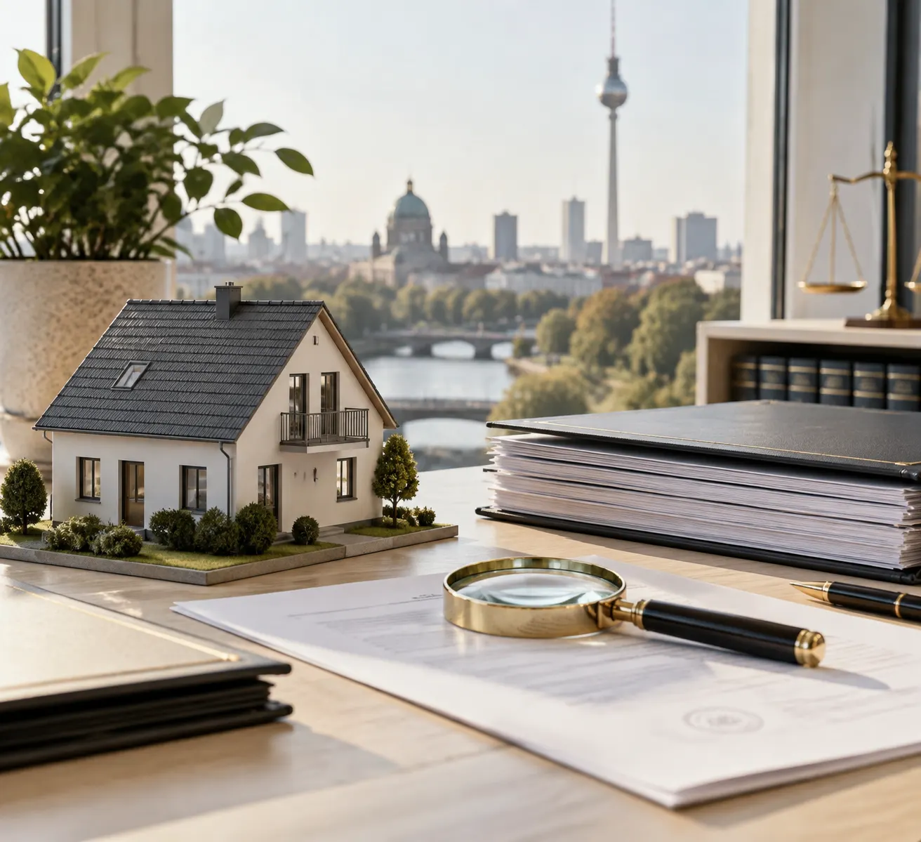 Hausmodell neben Grundbuchunterlagen zur Prüfung eines eingetragenen Nießbrauchs