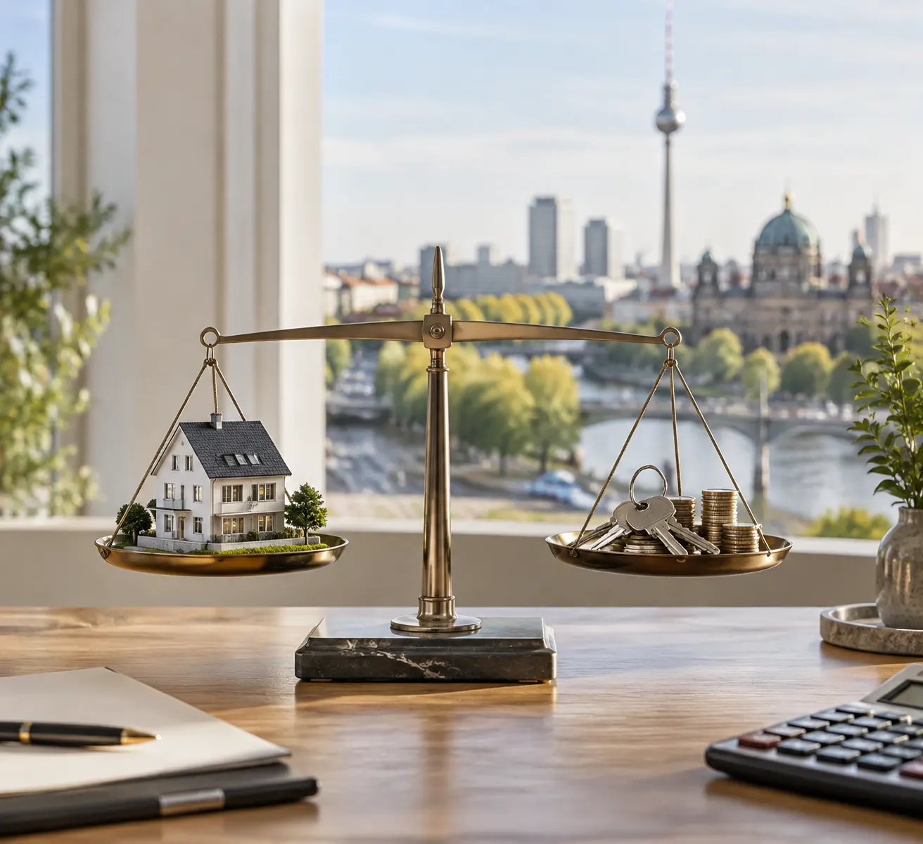 Waage mit Hausmodell und Schlüssel als Darstellung der Wertminderung durch Nießbrauch