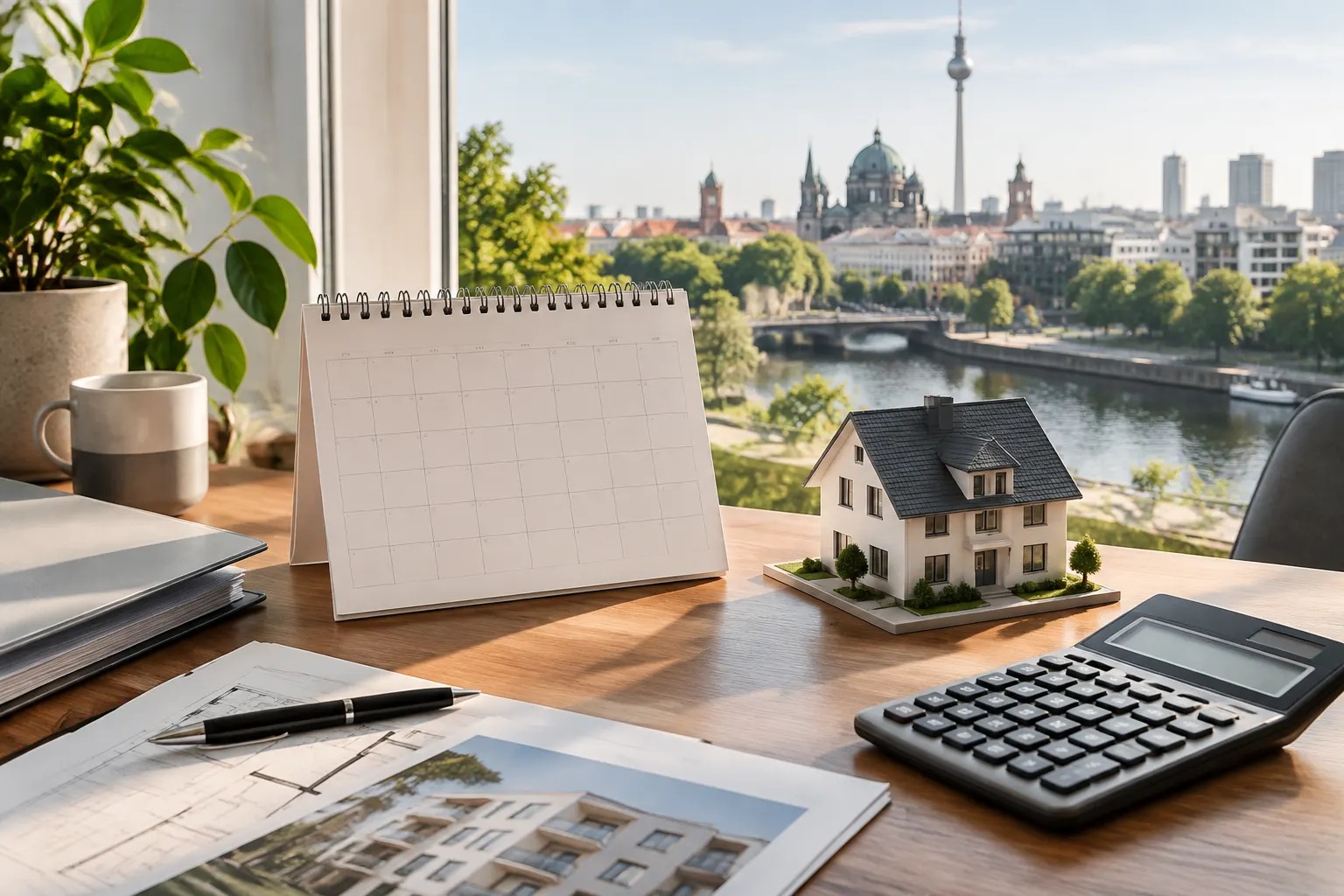 Kalender, Taschenrechner und Hausmodell zur Planung des Kreditablösetermins