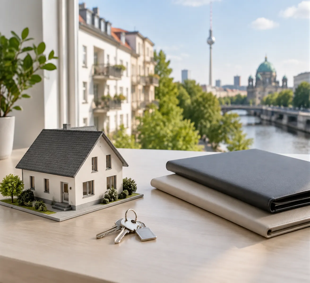 Hausmodell, Schlüssel und Dokumentenmappe als Symbol für die Lastenfreistellung beim Immobilienverkauf