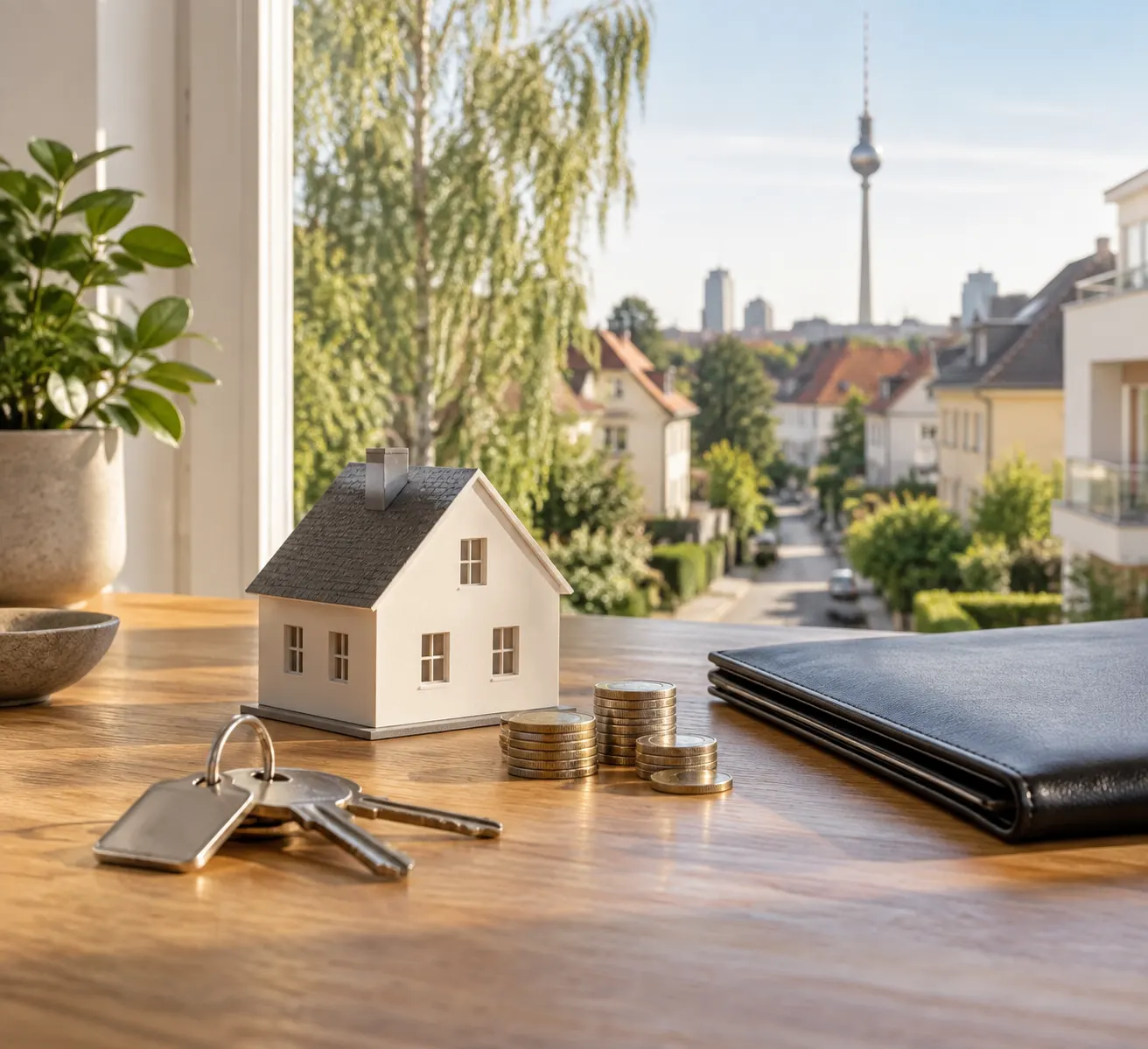 Hausmodell, Schlüssel und Münzstapel als Symbol für den Nettoerlös nach der Kreditablösung