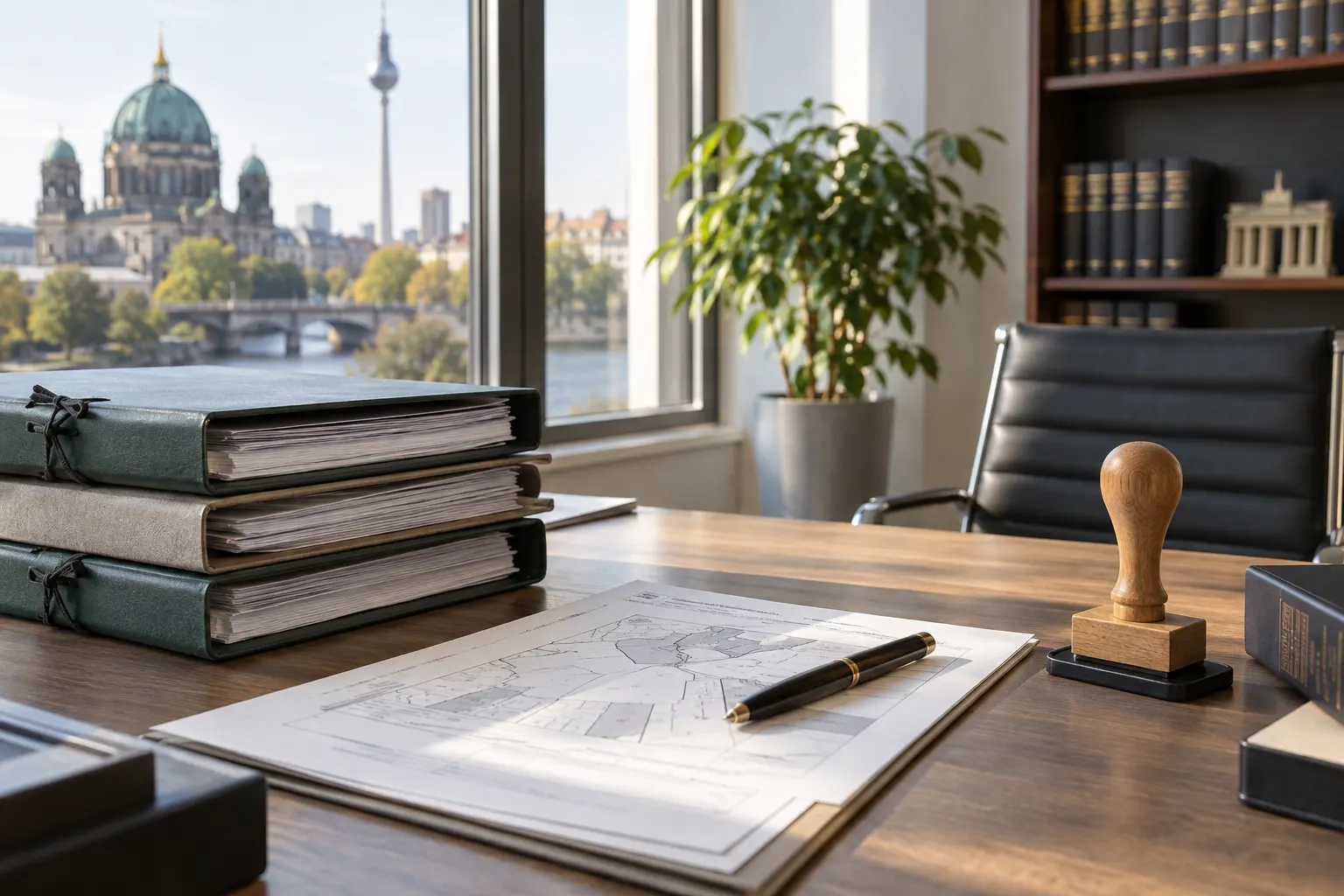 Aktenordner und Stempel auf einem Schreibtisch, sachliche Bürostimmung