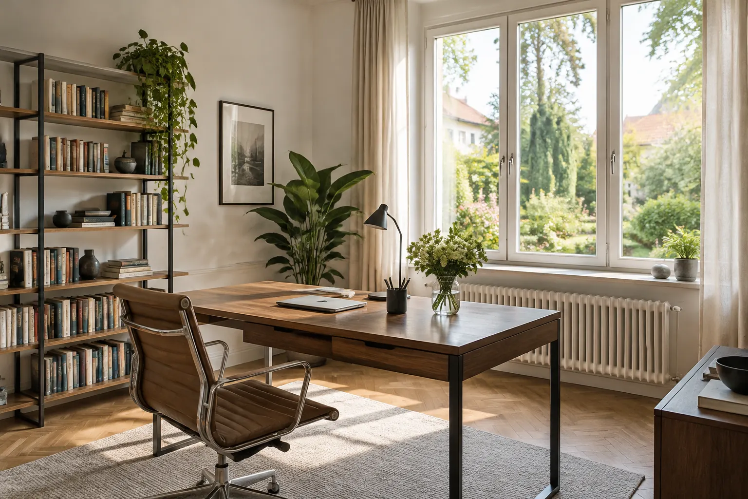 Arbeitszimmer mit Fenster zur Gartenseite eines Hauses