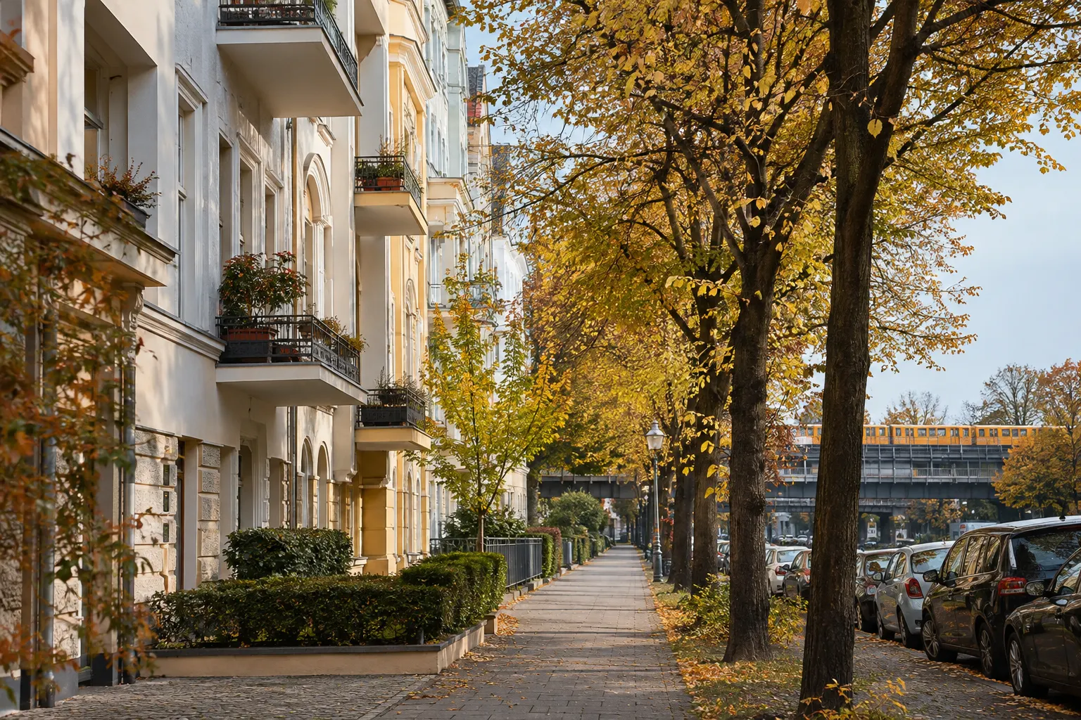Wohnstraße mit Wohnhäusern und einer weiter entfernten Verkehrsverbindung