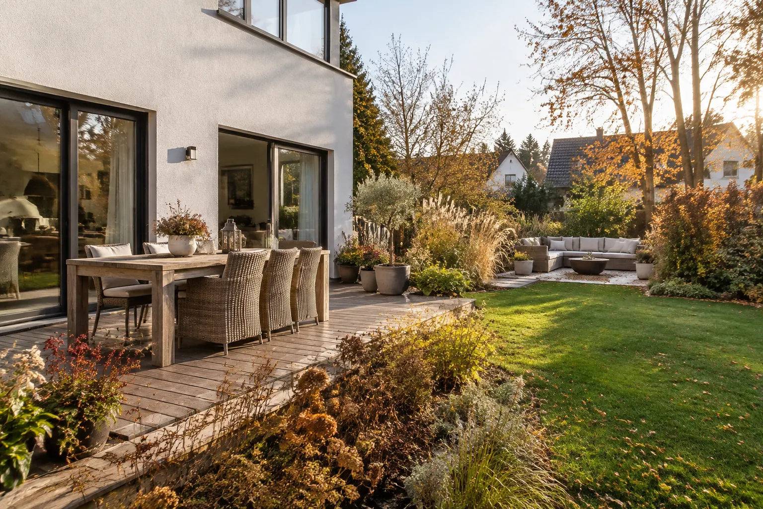 Terrasse und verschiedene Sitzbereiche in einem herbstlichen Garten