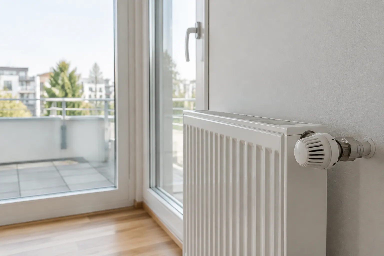 Heizkörper und geschlossene Terrassentür in einem unbewohnten Haus