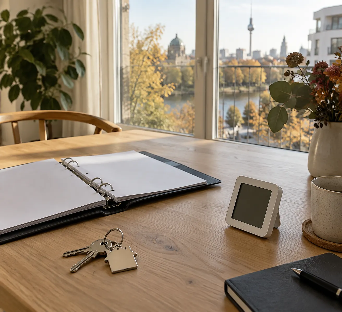 Schlüssel, Kontrollmappe und kleines Messgerät auf einem Tisch am Fenster