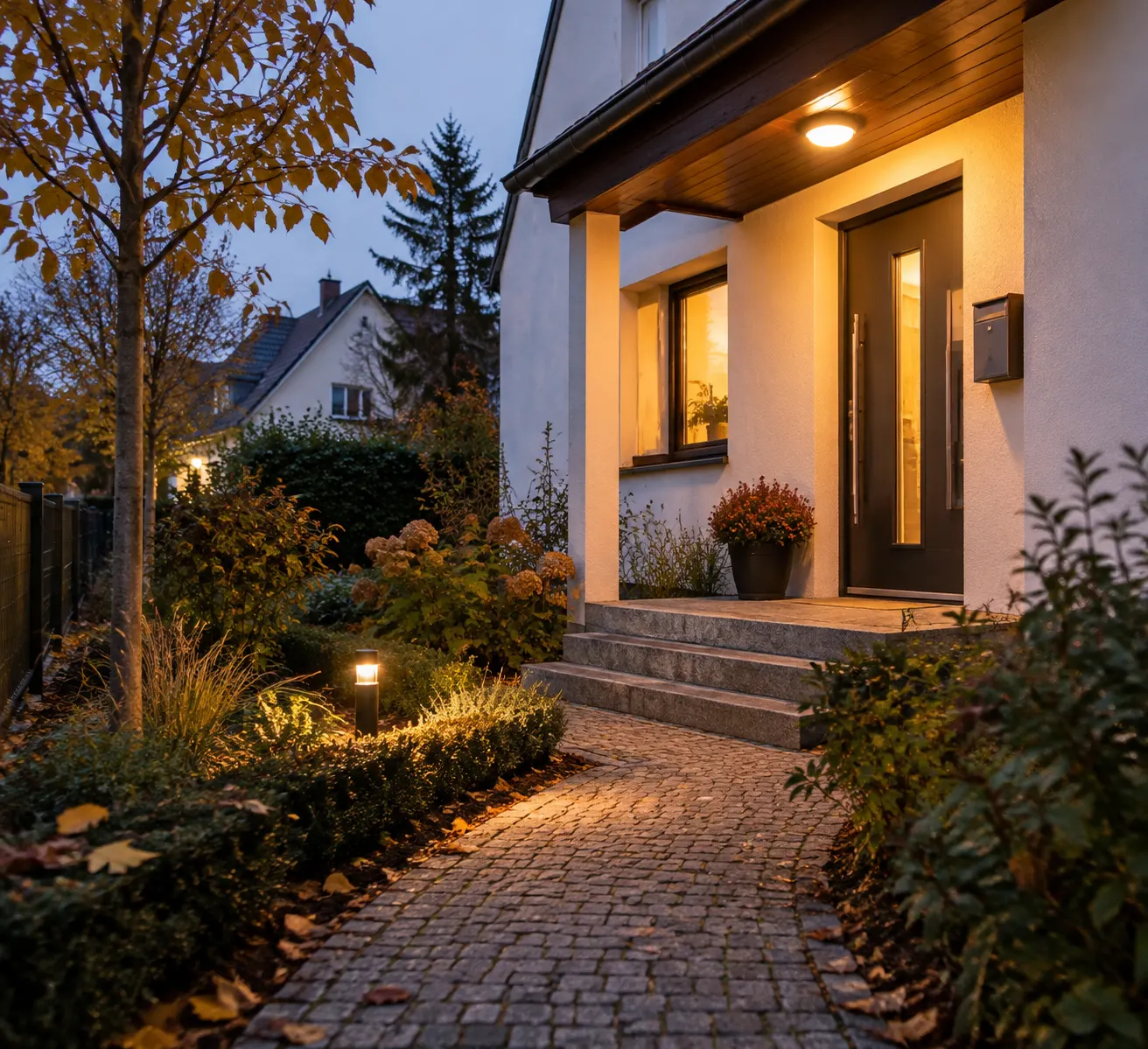Beleuchteter Hauseingang mit freiem Gartenweg an einem herbstlichen Abend