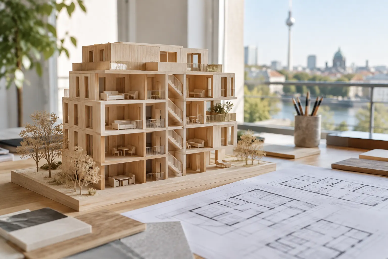 Architekturmodell eines Mehrfamilienhauses mit getrennt dargestellten Wohnebenen