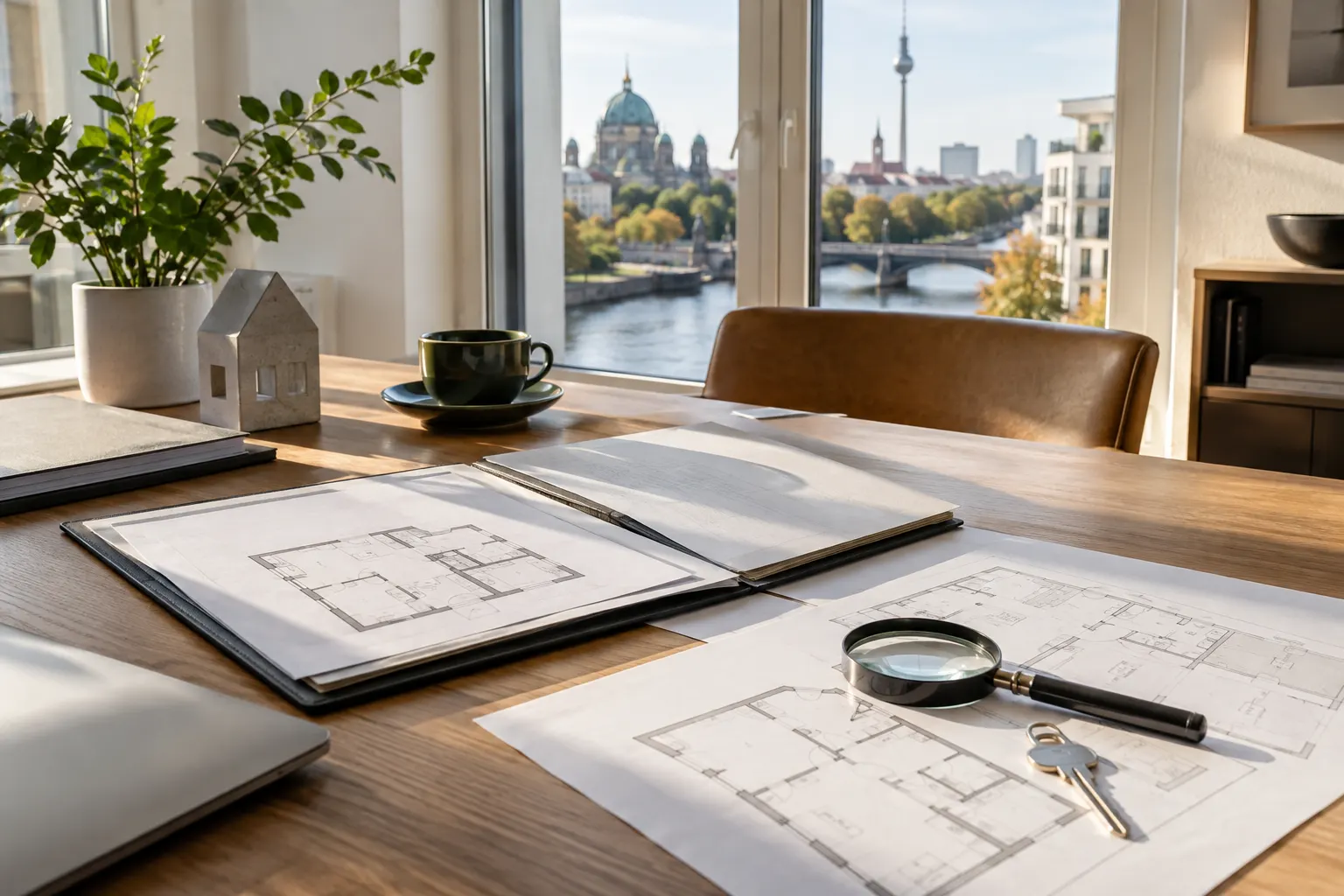 Grundrisspläne, geöffnete Dokumentenmappe und Schlüssel auf einem Beratungstisch