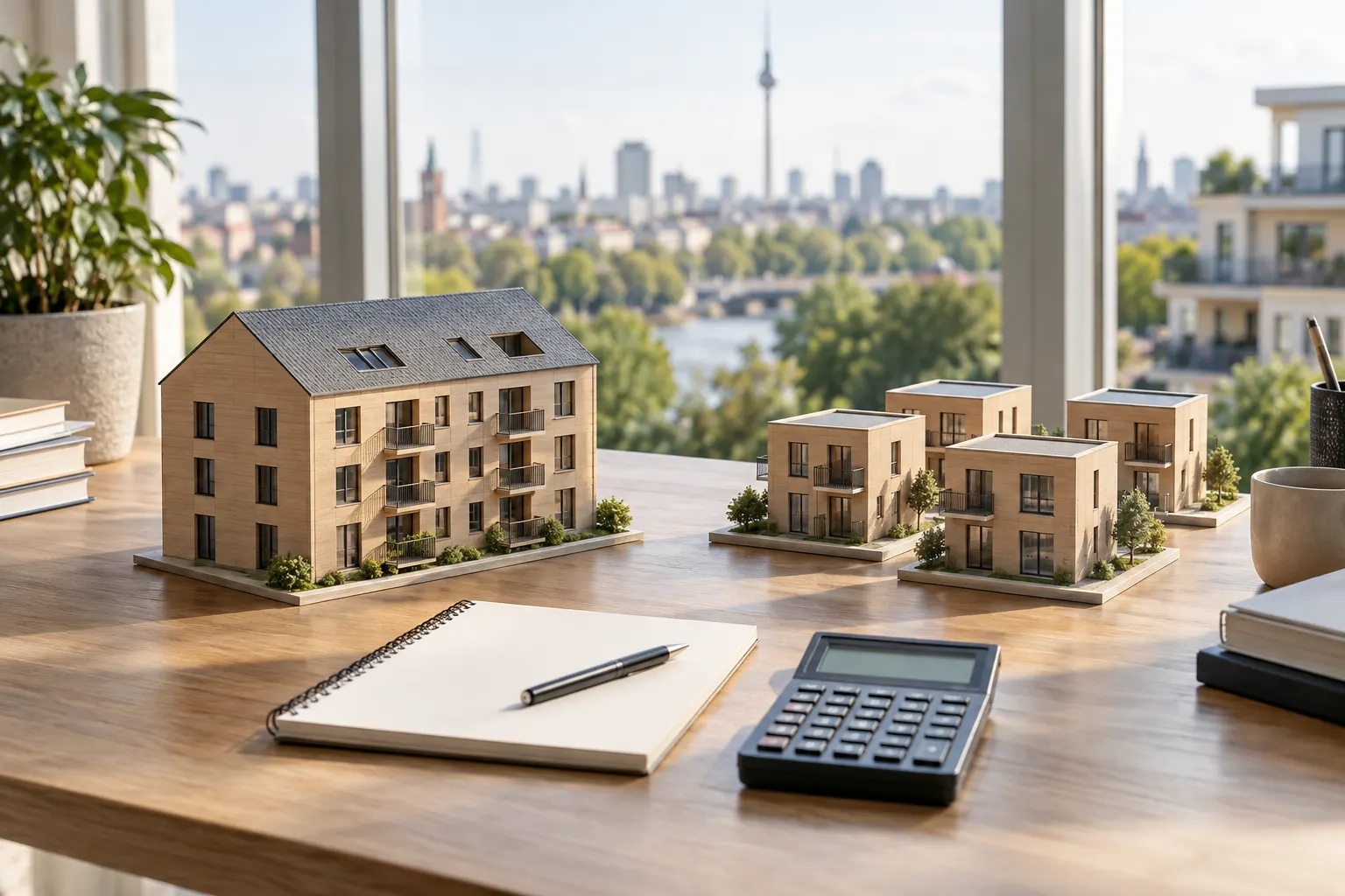 Ein großes Hausmodell und mehrere kleine Wohnungsmodelle auf einem Tisch