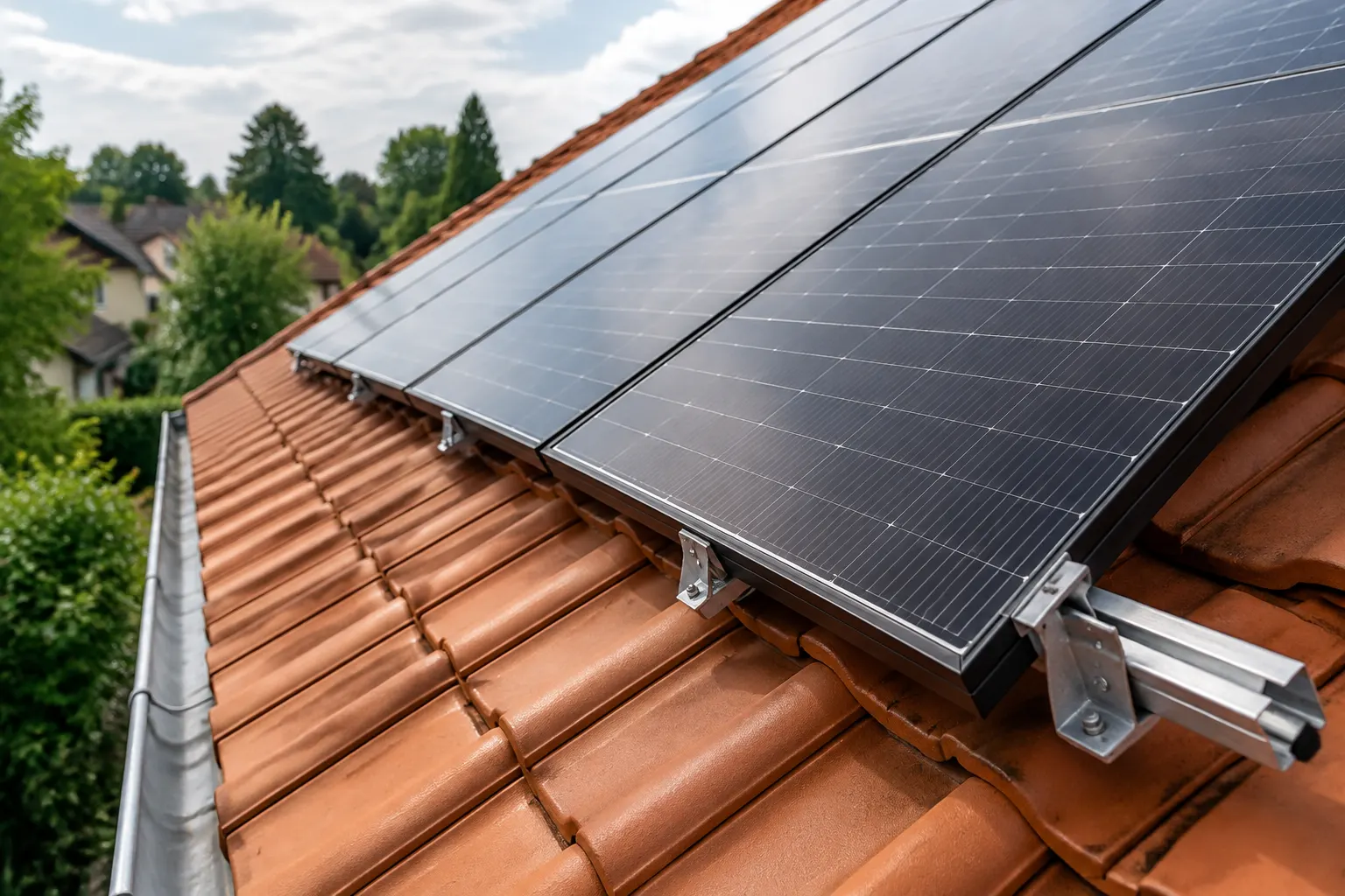 Dachziegel, Unterkonstruktion und Solarmodule an einem gedeckten Steildach