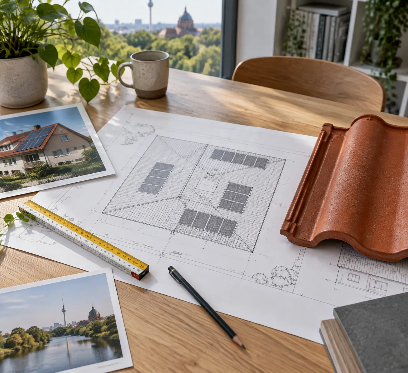 Dachplan, Ziegelmuster und Maßband auf einem hellen Planungstisch