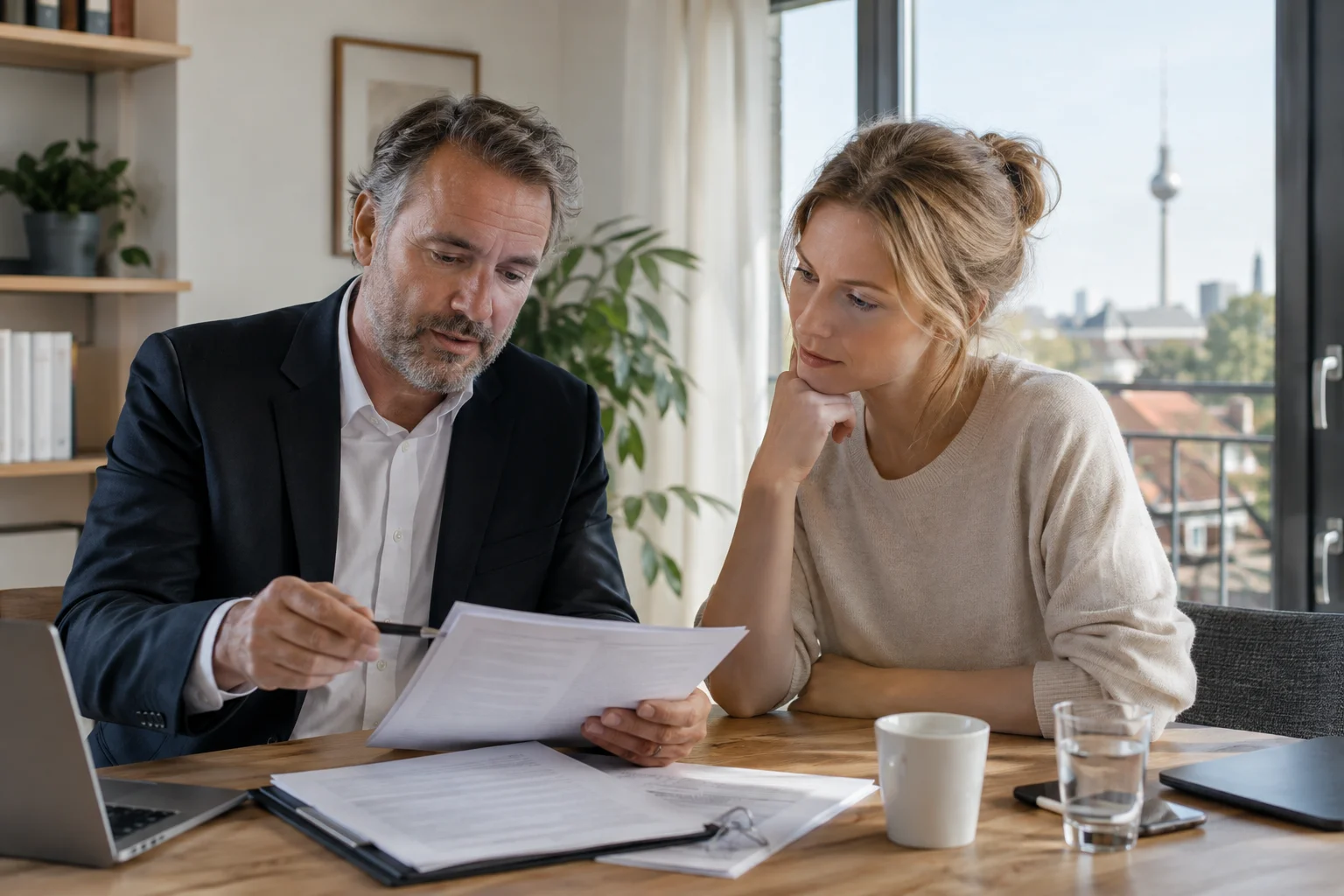 Berater und Eigentümerin besprechen Unterlagen zur Offenlegung einer geplanten Sonderumlage