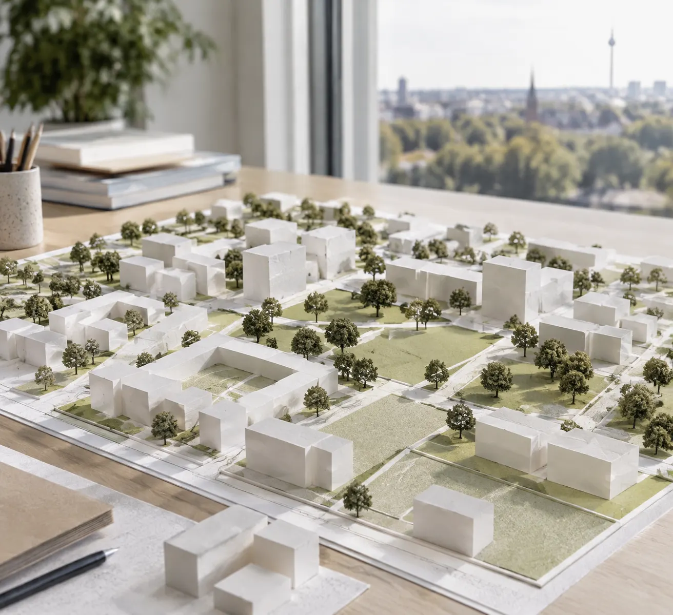 Symbolisches Quartiersmodell mit Wohnblöcken, Freiflächen und offenen Bereichen auf einem Planungstisch