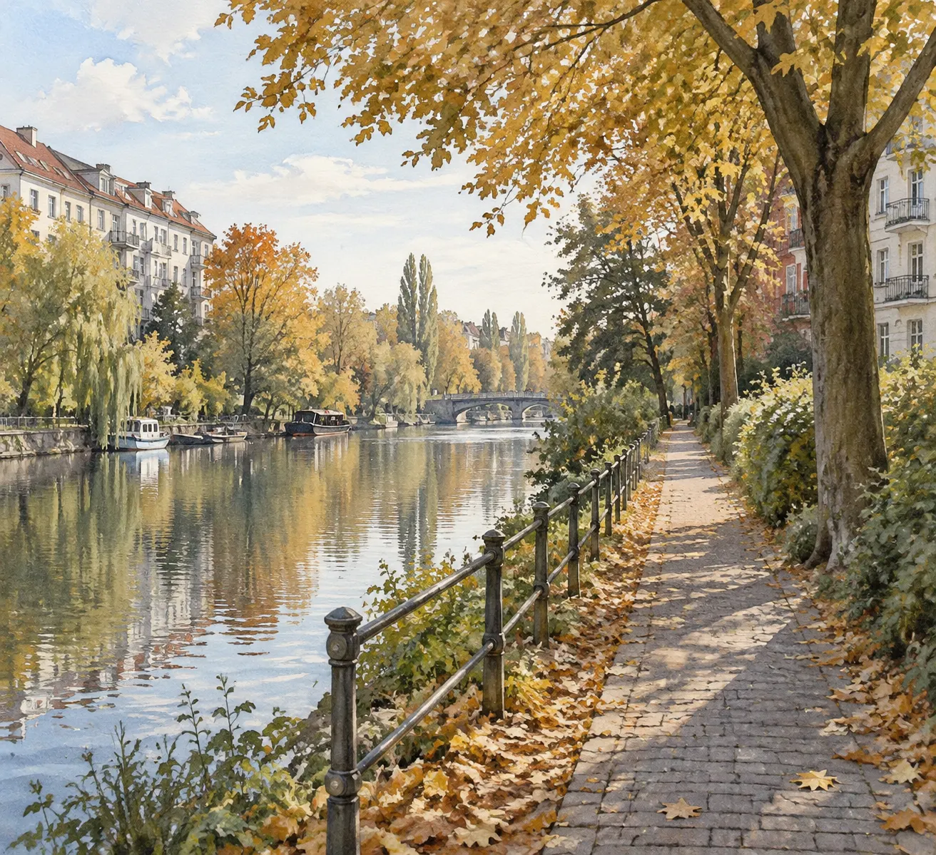 Illustrativer Weg entlang eines städtischen Kanals mit Grünstreifen und Wohnbebauung im Hintergrund