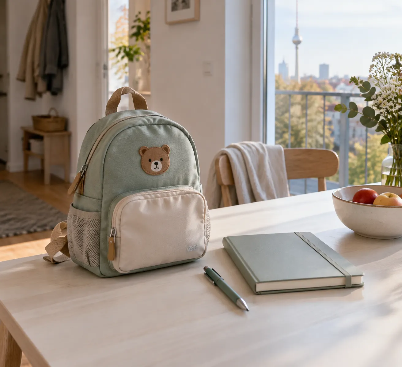 Kleiner Rucksack und geordnete Notizen zur Betreuungssuche auf einem Tisch