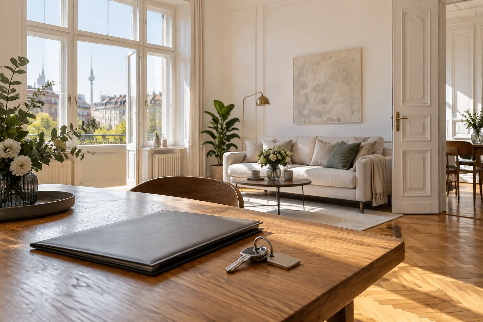 Helles Altbau-Wohnzimmer mit Ledermappe und Schlüsseln auf dem Esstisch