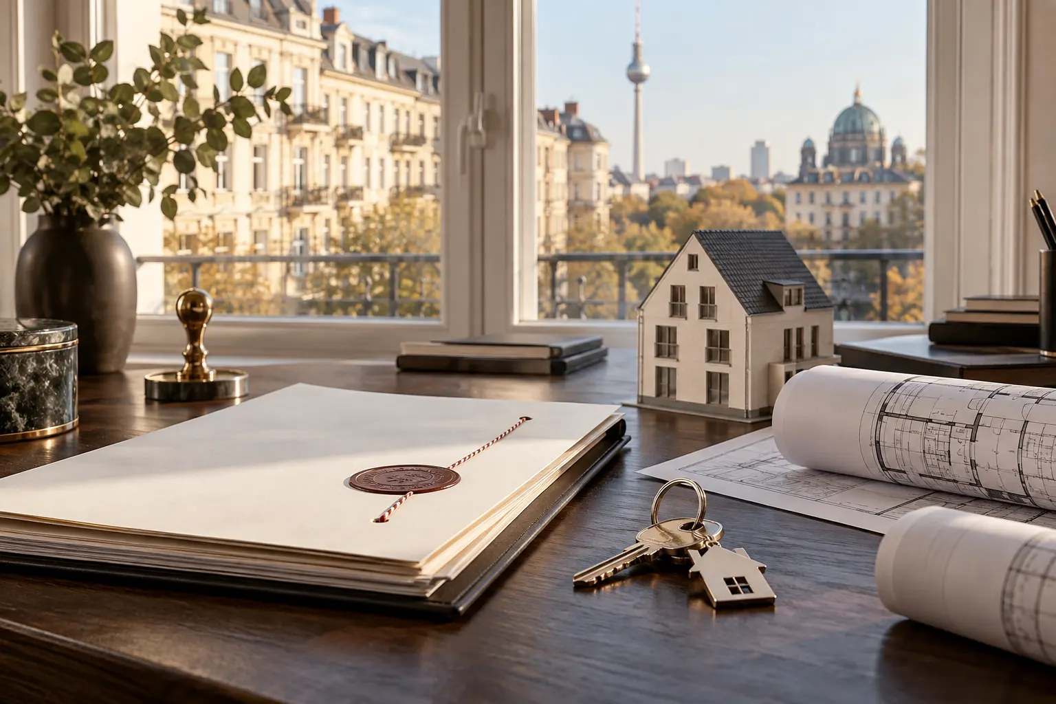 Notariell vorbereitete Immobilienvollmacht mit Hausschlüssel und Grundbuchunterlagen