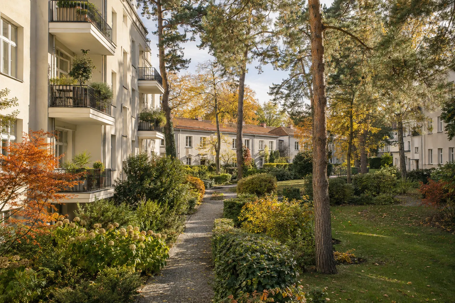 Illustration eines begrünten Innenbereichs zwischen historischen Wohnhäusern mit Balkon und Garten