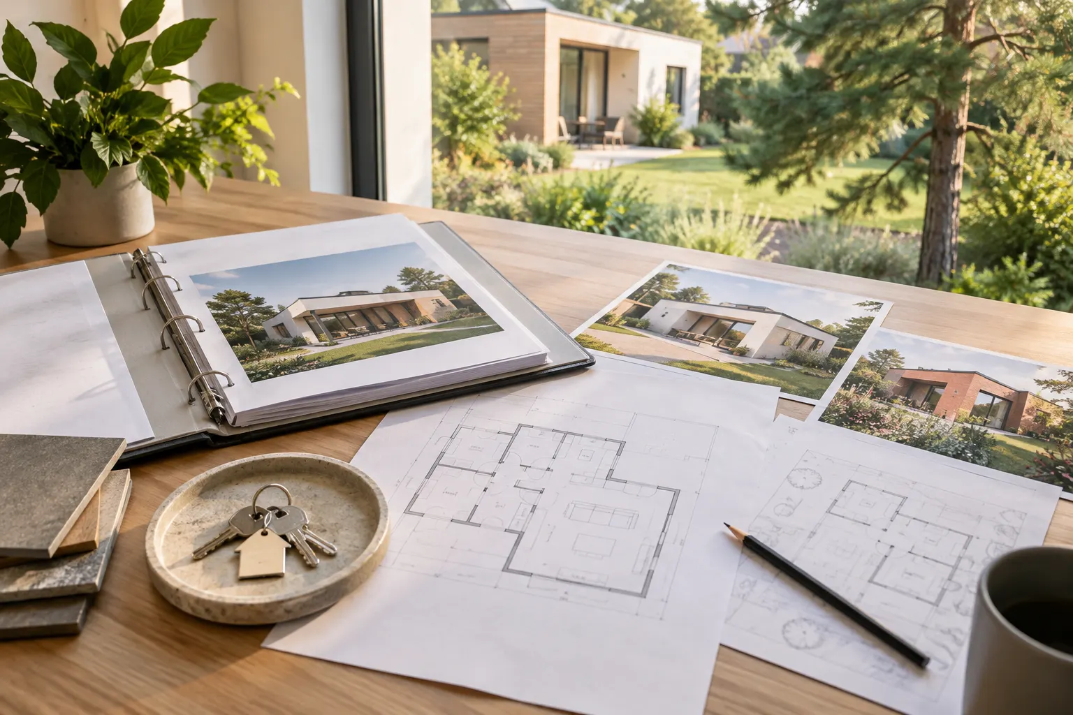 Illustration einer geordneten Hausakte mit unbeschrifteten Plänen, Fotografien und Schlüsseln