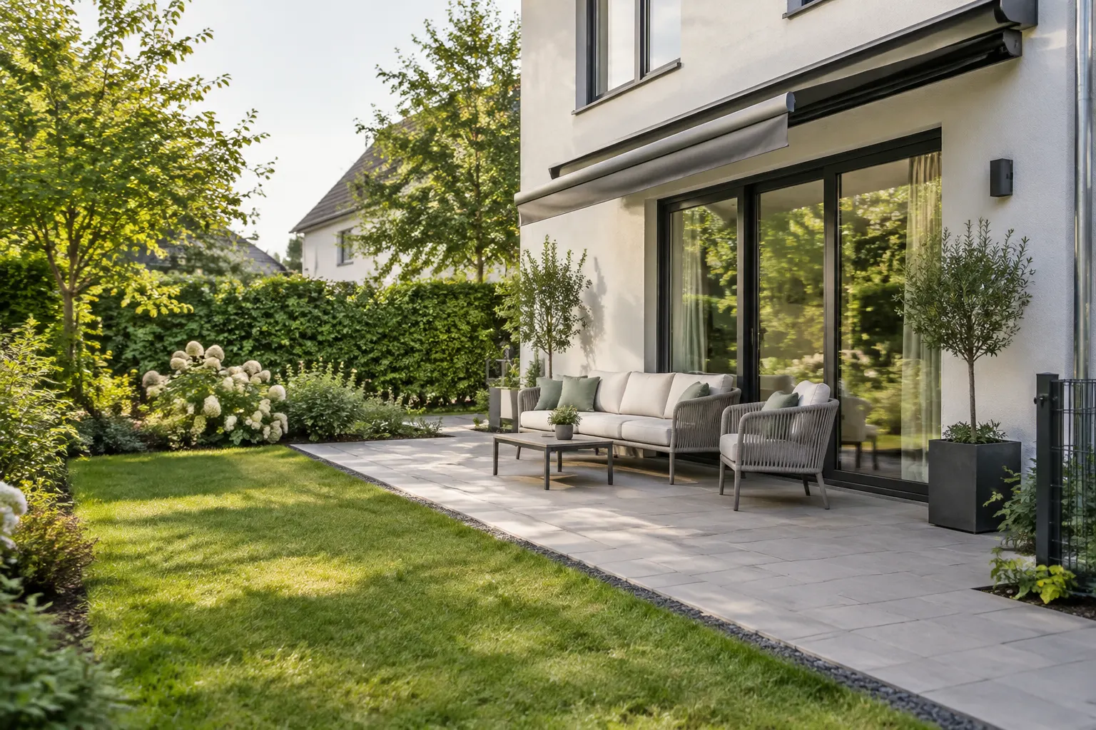 Terrasse mit Sitzbereich am rückwärtigen Eingang eines Hauses