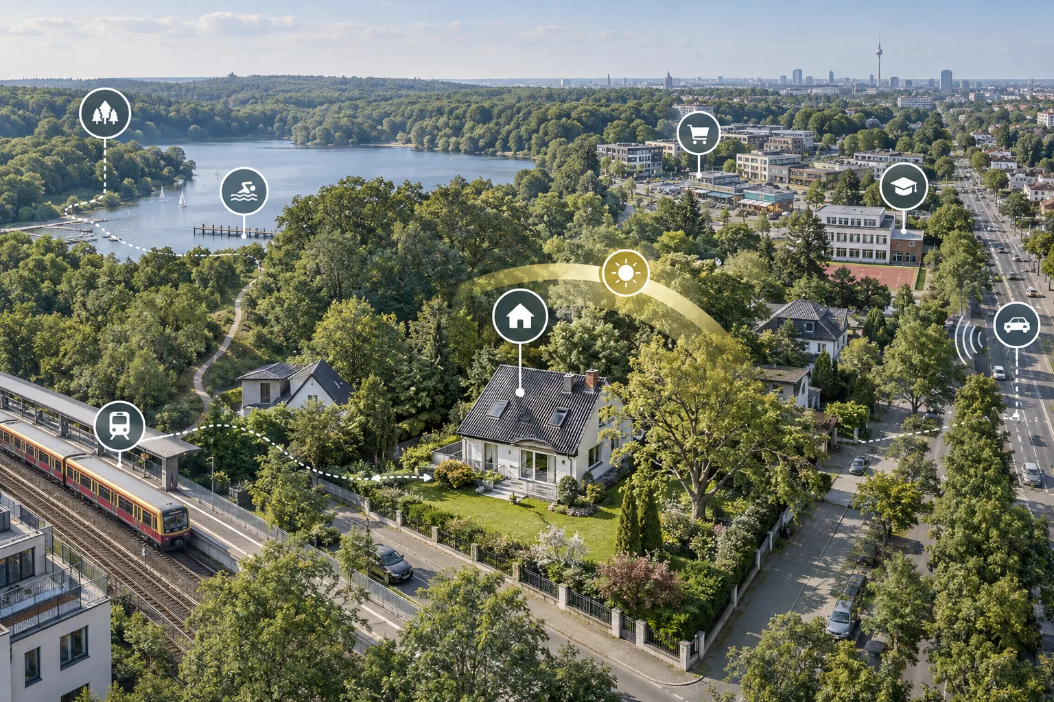 Luftbild eines Einfamilienhauses mit Symbolen für S-Bahn, See, Schule und Einkauf zur Prüfung der Mikrolage