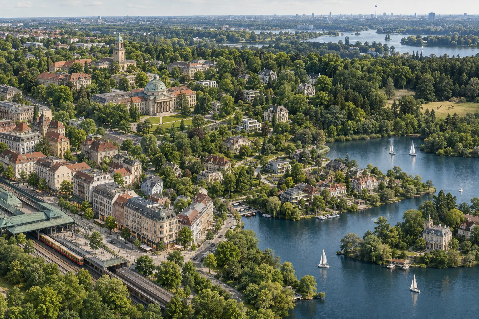 Luftbild-Illustration mit Villenvierteln, S-Bahnhof und Segelbooten auf einem See im Berliner Südwesten