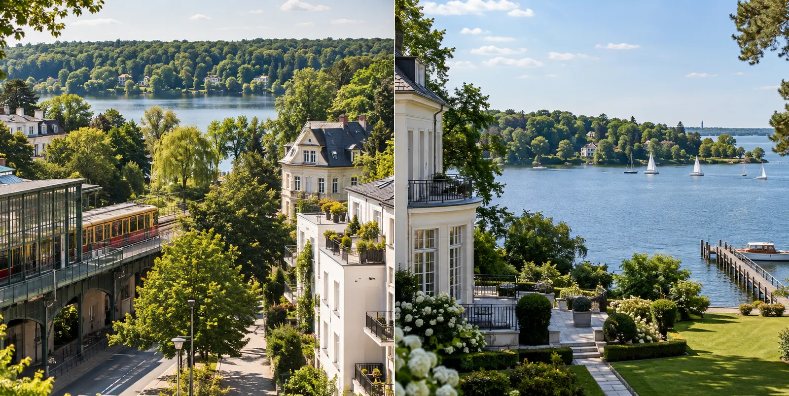 S-Bahn-Station mit Stadtvilla neben einer Villa mit Garten und Bootssteg am See als Vergleich zweier Wasserlagen