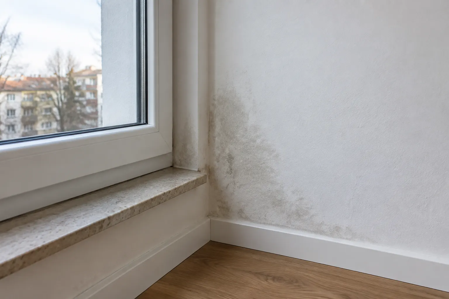 Feuchte Stelle an einer Innenwand neben einem Fenster als Beispiel eines zu prüfenden Wohnungsschadens
