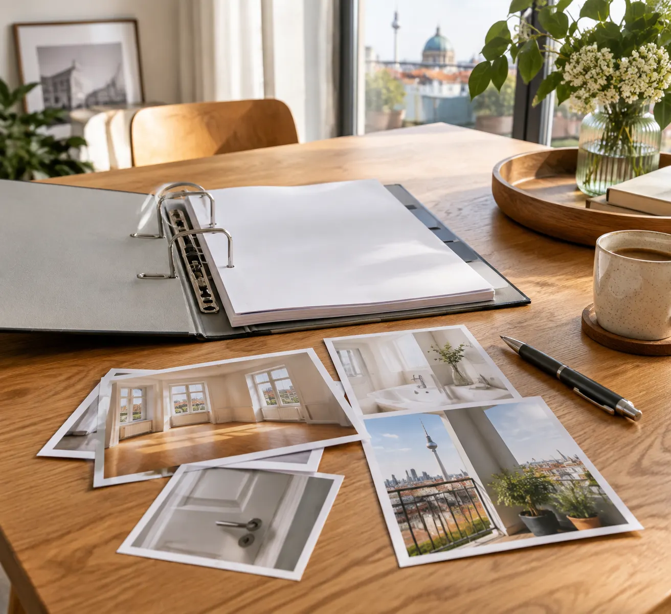 Neutraler Ordner mit unbeschrifteten Unterlagen und leeren Fotokarten zur Dokumentation einer Wohnungsreparatur