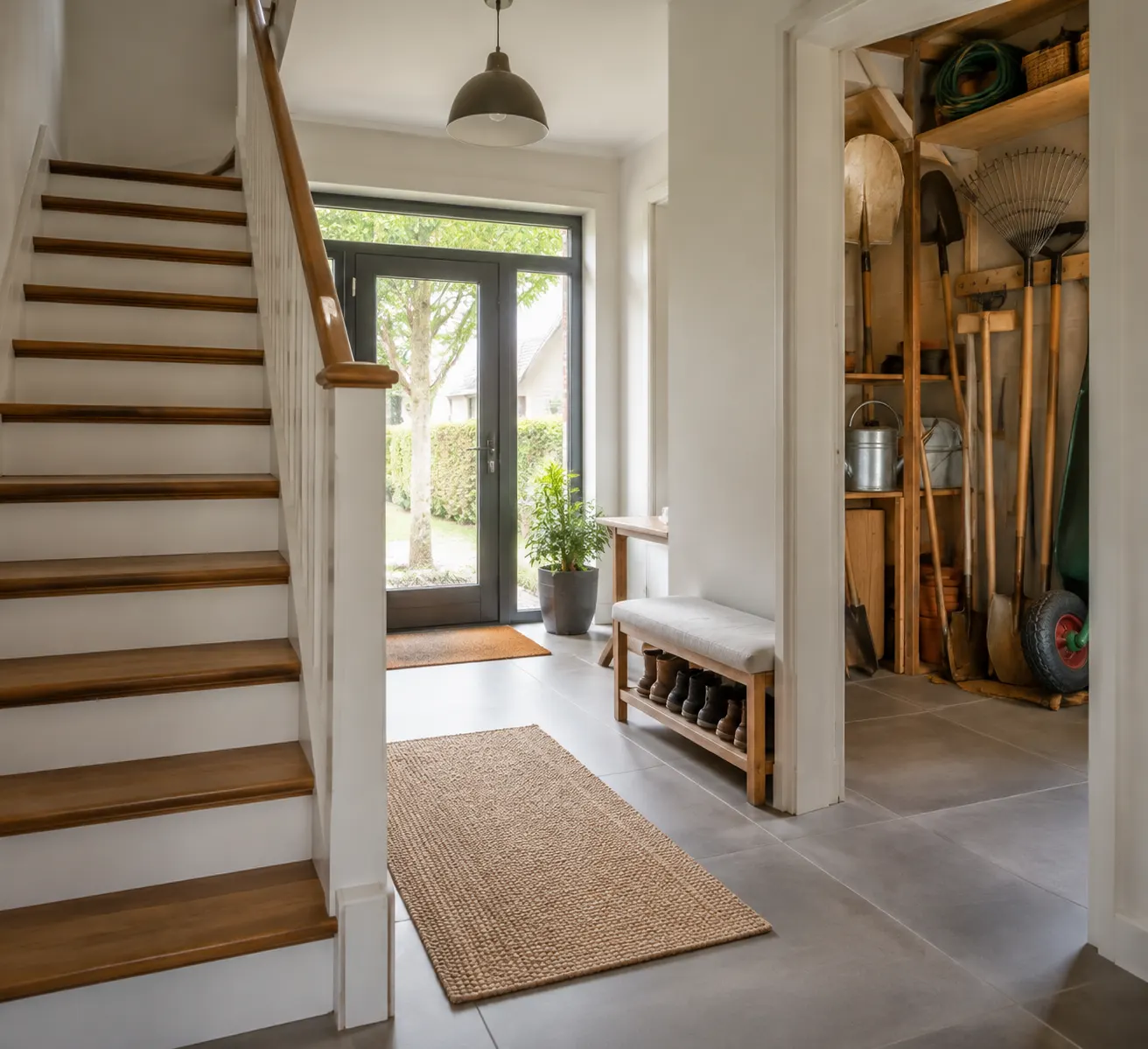 Treppe und Gartengeräte zeigen unterschiedliche Aufgaben rund um ein Haus