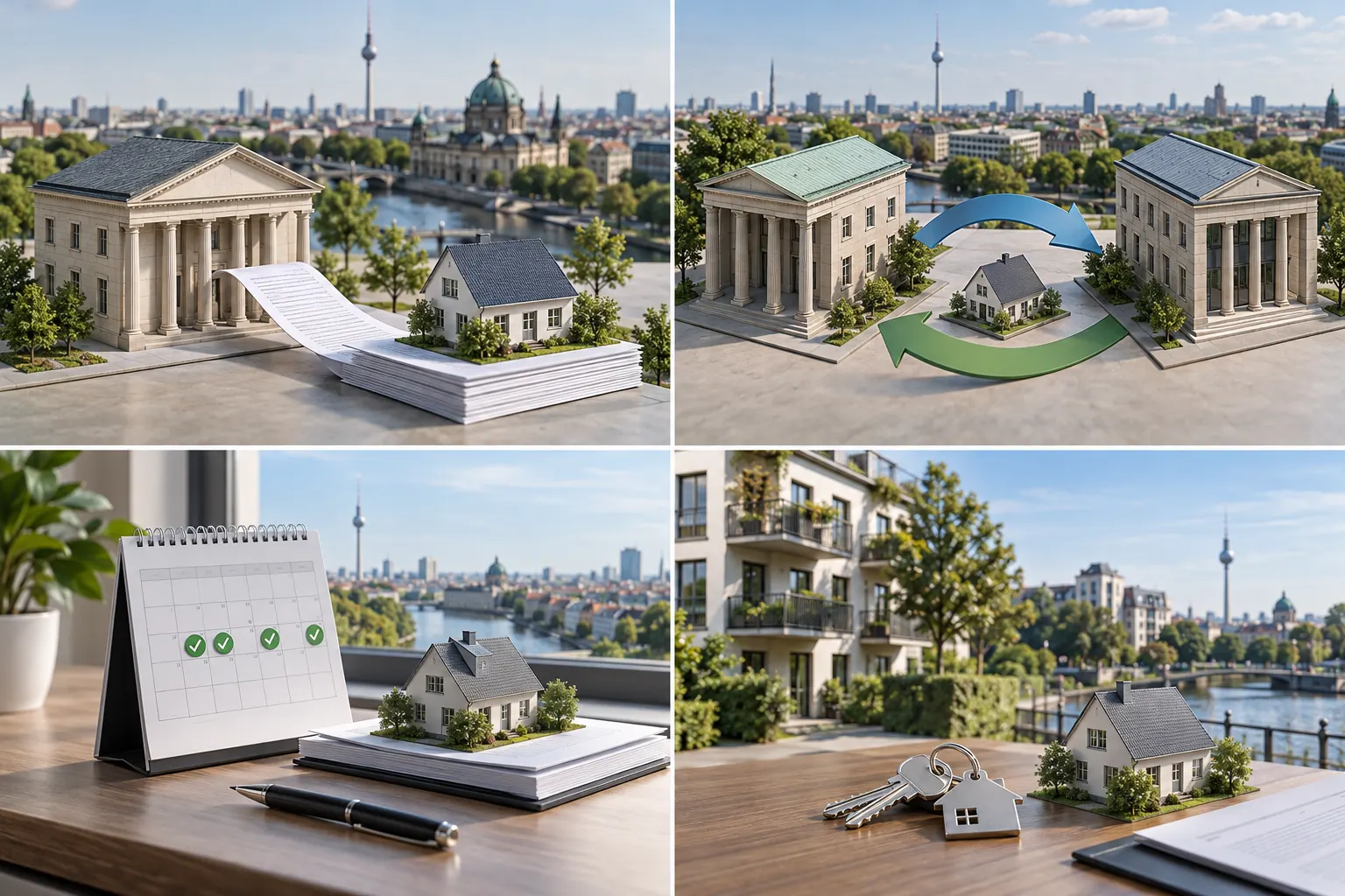 Vier Kacheln mit Bankgebäude und Hausmodell für Prolongation, Umschuldung, Forward-Darlehen und Verkauf