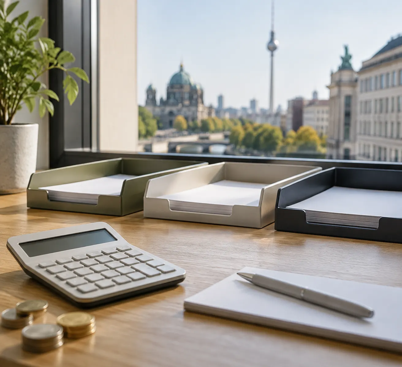 Taschenrechner, Münzen und getrennte Ablagen für die Planung von Übergangskosten